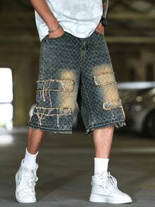 Manfinity EMRG Men's Plus Size Vintage Patchwork Wide Leg Denim Shorts - Blue - View 3