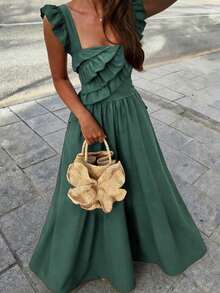 Selianne Women's Casual Ruffle Flutter Sleeve Cinched Waist Flared Dress, Spring/Summer Style, Suitable For Daily Wear And Vacation - Army Green - View 4