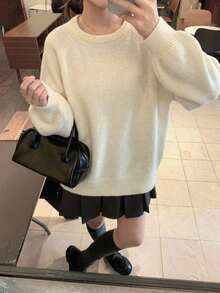 DAZY 女款拼色長毛鬆款套頭毛衣 校園秋季款 - 杏色 - 查看 4