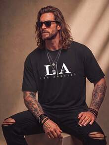 Fenqiro Men's Casual Letter Graphic Round Neck Short Sleeve T-Shirt, Summer - Black - View 1