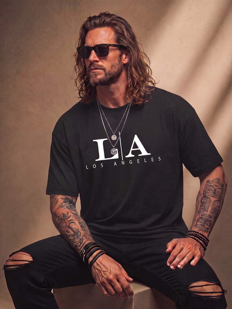 Fenqiro Men's Casual Letter Graphic Round Neck Short Sleeve T-Shirt, Summer - Black - View 1