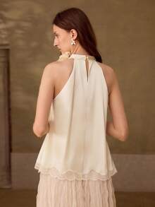 MOTF PREMIUM SPRING/SUMMER WOMEN'S HALTER NECK 3D FLORAL LACE EMBROIDERED ETHEREAL TOP WEDDING PARTY CREAM WHITE ROMANTIC ELEGANT - Apricot - View 7