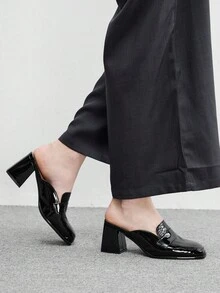 CUCCOO BIZCHIC French Retro Thick Heel Closed Toe Slippers Women, Black Stone Pattern Patent Leather Square Toe Mules Shoes Workplace Commuter High Heels - Black - View 3