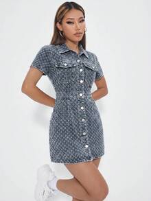 SHEIN PETITE 女款單排扣休閒派對與旅行牛仔短袖洋裝 - 藍色 - 查看 7