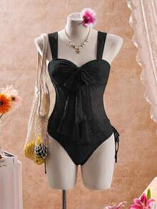 Bellisia Women's Lace Patchwork Ruched Tankini & Triangle Tankini Bottom Two-Piece Swimsuit Set, Suitable For Summer Vacation And Beach - Black - View 2