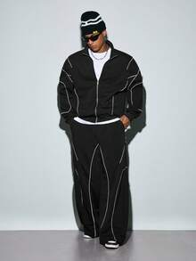 Modcrash Men's Jacket Pants Set, Streetwear Minimalist Casual, Relaxed Fit, Autumn Winter, Unisex - Black - View 3