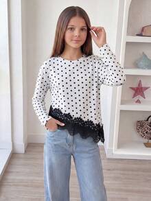 SHEIN Tween Girl Autumn Tops White And Black Polka Dot Print Contrast Lace Asymmetric Hem T-Shirt, Holiday Outfits, Casual Cute Elegant, Comfortable School - Black and White - View 6