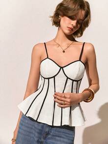 Poéselle 100% Pure Slub Cotton Color Trim Cami Tank Women, Summer Fashion Sleeveless Vest, Fall Winter Inner Layering Top For Back To School - White - View 6