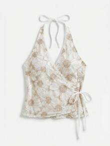 lacRébo White Embroidered Halter Wrap Top With Open Back, Side Tie Closure And Deep V Neckline Summer Holiday Vintage Cute Casual Top - White - View 6