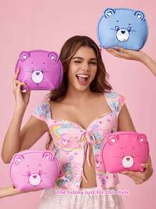 SHEIN X Care Bears 卡通熊臉貝殼造型化妝包，可愛帶耳化妝收納袋，旅行洗漱用品收納袋，可用於存放化妝品、洗漱用品和小物品，適合日常使用與旅行 - 粉色 - 查看 3