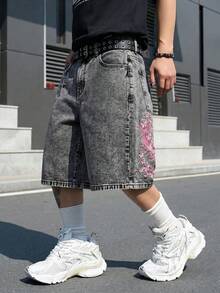 Manfinity EMRG 男士街頭風休閒刺繡灰色牛仔短褲 - 深灰色 - 查看 3