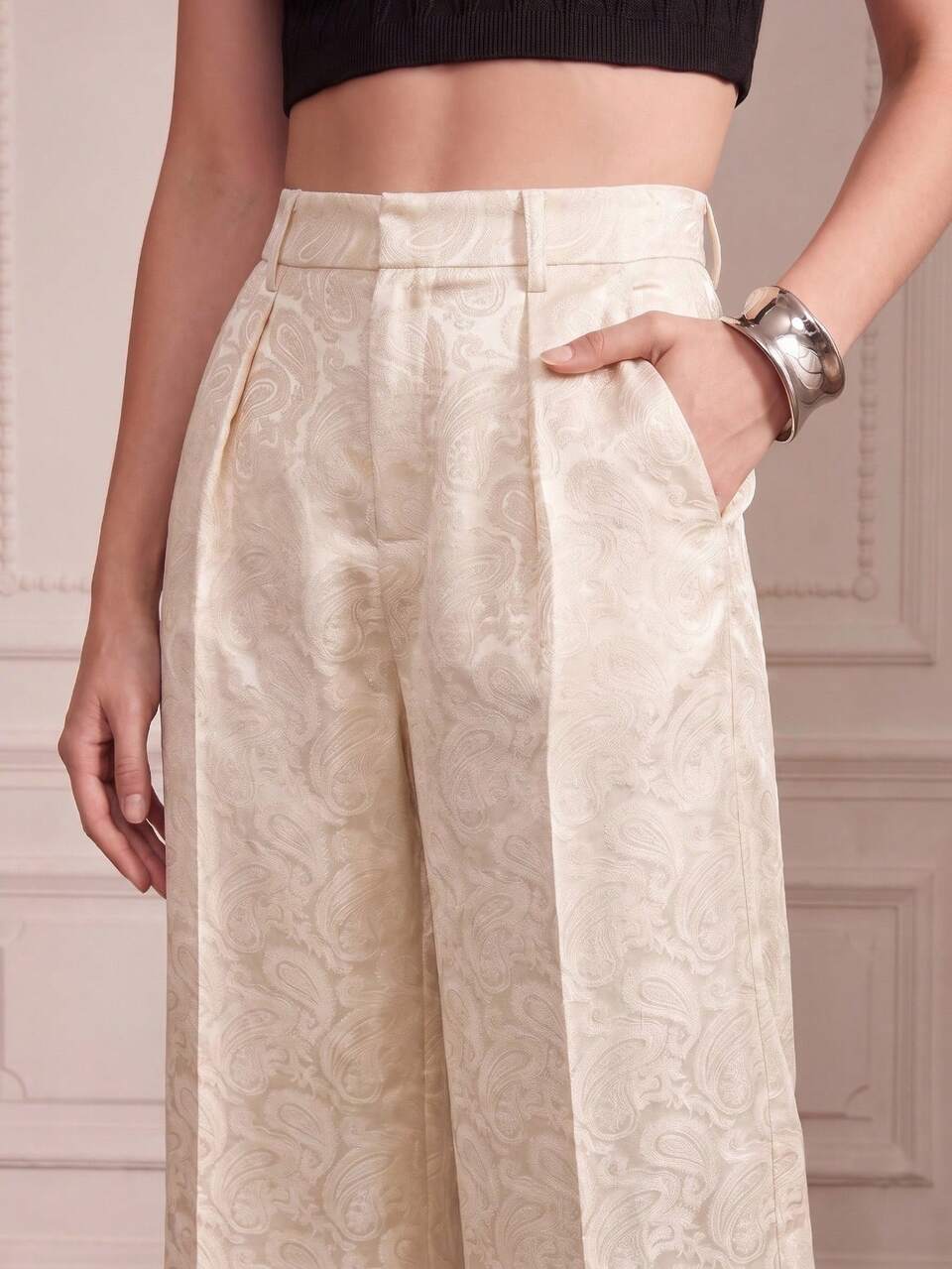 Savoree Summer Holiday Outfits Fashionable Cashew Floral Jacquard Champagne Versatile Women's Suit Pants Party Night Elegant