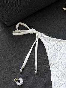 Bonvoyette Solid Color, Lacy, Knitted Triangle Swimsuit For Women, Low-Rise, With Straps. Bikini Bottom. Summer, Hot Springs, Vacation, Beachwear. Bikini Bottom. - White - View 5