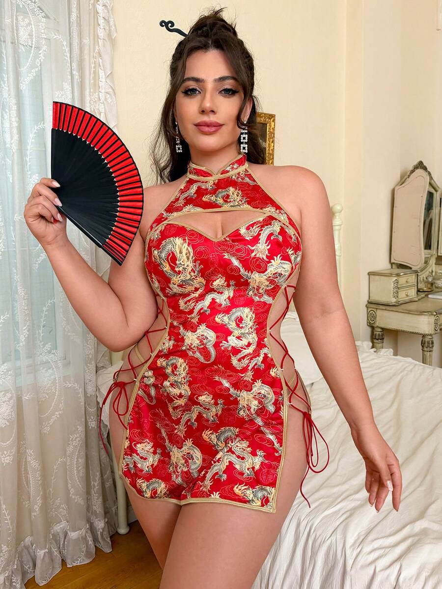 Fantasy Costume Fantasy Costume 中式大碼女款性感旗袍睡裙 2件套 - 紅色 - 查看 1
