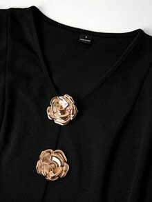 Amorya Women's Metal 3D Floral Decor Long Sleeve Top & Skirt Elegant 2 Pieces Set - Black - View 6