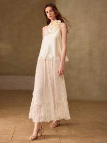 MOTF PREMIUM SPRING/SUMMER WOMEN'S HALTER NECK 3D FLORAL LACE EMBROIDERED ETHEREAL TOP WEDDING PARTY CREAM WHITE ROMANTIC ELEGANT - Apricot - View 6