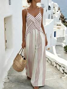 SHEIN Holidaya Mono de mujer sexy y estilizado con diseño de tirantes, sin mangas, a rayas y cintura ceñida, estilo europeo y americano, mono de primavera/verano para mujer, top sin mangas, ropa de primavera, atuendo de verano, vacaciones, salidas, Y2K, primavera, verano, vuelta al colegio, casual, playa, negocios, versátil, sexy, mono de mujer color albaricoque, mono de mujer a rayas - Burdeos - Ver 5