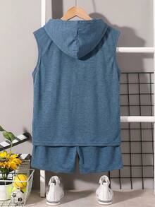 SHEIN Kids Tween Boy Loose Fit Letter Graphic Casual Hoodie Tank Top & Shorts 2 Pieces Set - Dusty Blue - View 2