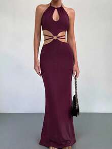Firerie Robe longue élégante minimaliste sexy et charmante pour femme, pour soirée, bal, carnaval, festival de musique et rendez-vous, violet-rouge, col licou, découpe à la taille, tricotée, haute élasticité, moulante - Fushia - Voir 5