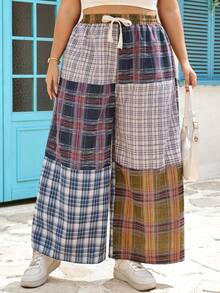 SHEIN CURVE+ Plus Size Plaid Patchwork Retro Style Pants Fall - Multicolor - View 6