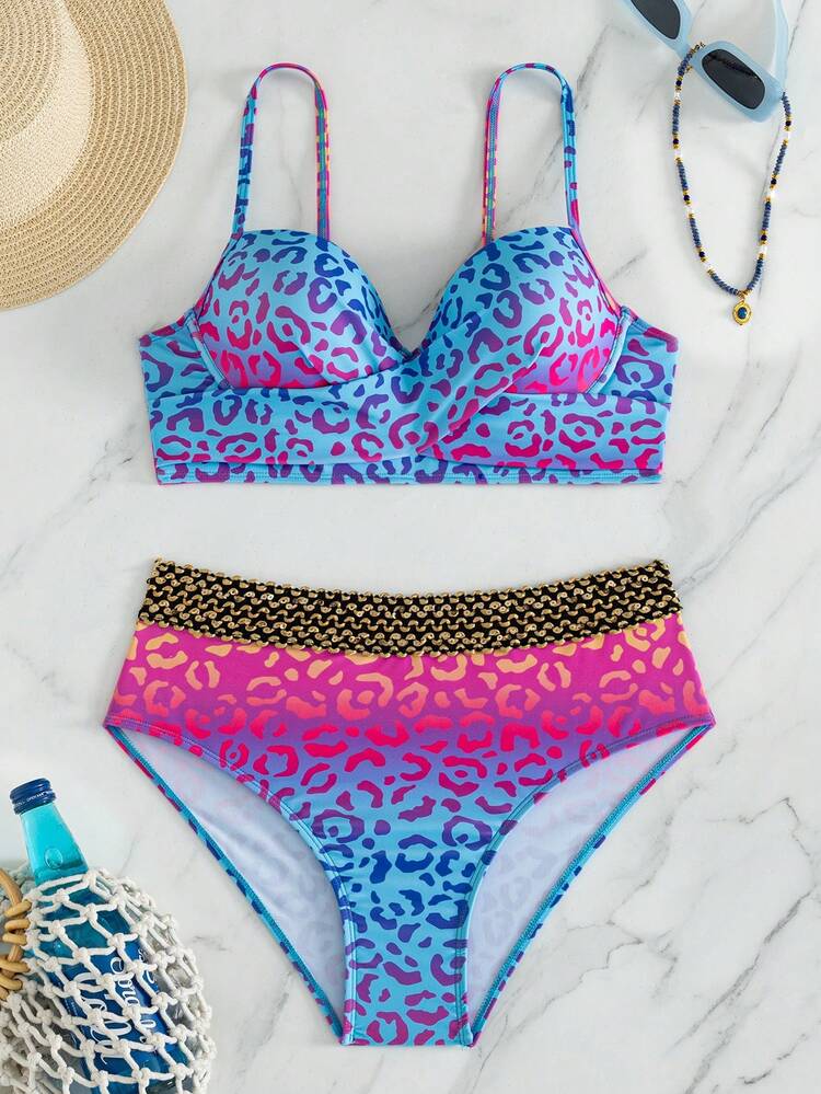 Swim Vcay طقم ملابس سباحة بيكيني نسائي صيفي للشاطئ بطبعة نمر وتصميم متقاطع مثير وعصري من قطعتين (دعم الصدر مع سلك داخلي، طباعة عشوائية) - متعدد الألوان - مشاهدة 4