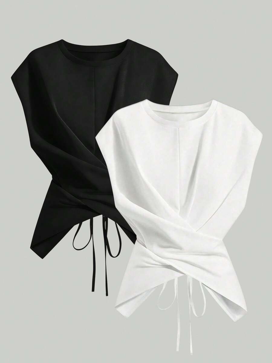 SHEIN LUNE 女士时尚休闲针织圆领扭结腰身不对称下摆衬衫 - 黑與白 - 查看 1