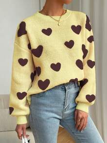 SHEIN PariChic Women's Heart Pattern Drop Shoulder Long Sleeve Loose Casual Sweater - Multicolor - View 3