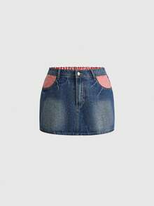 ROMWE Kawaii Vintage Cute Pastoral Plaid Apple Button Embroidered Ultra Low Waist Mini Denim Skirt - Blue - View 2