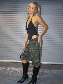 Brooke Lily 女款休閒性感黑色深V鏤空繩飾簡約掛脖露背綁帶連身衣上衣，夏季夜店性感上衣 - 黑色 - 查看 5