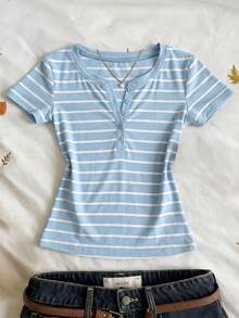 SHEIN Kids Tween Girl Striped Pattern Short Sleeve Slim Fit Crew Neck Button T-Shirt - Baby Blue - View 3