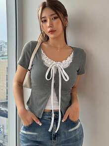 DAZY Women's Summer 2 In 1 Ruffled Bowknot Short Sleeve T-Shirt - Grey - View 10