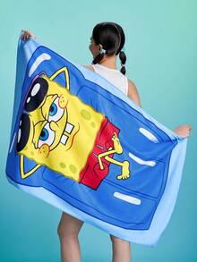 SpongeBob SquarePants | SHEIN 1件裝卡通海綿印花浴巾沙灘巾，可用於海灘、游泳巾 - 藍色 - 查看 5