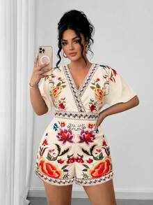 SHEIN Clasi Plus Size Women's Summer Casual Beach Vacation Embroidery Faux Floral Print Short Sleeve V-Neck Cinched Waist Loose Shorts Romper - Apricot - View 3