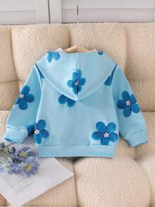 SHEIN Vintaside Kids 女嬰休閒純色保暖內裡連帽拉鍊外套，藍色花卉印花長袖連帽外套，適合秋冬/初秋，熱銷女嬰休閒日常百搭外套 - 藍色 - 查看 3