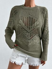 EURMUSE Solid Raglan Sleeve Pointelle Knit Sweater - Mint Green - View 5