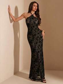 SHEIN BAE Spring/Summer Women's Black Flocked Halter Neck Lace Trim Knit Mermaid Dress, Black Dress, Flocked Lace Dress, Ball Gown, Elegant Dress, Women's Wedding Guest Dress - Black - View 4