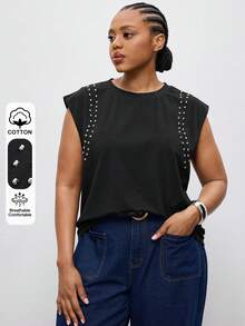 Maija 大尺碼女款黑色夏季休閒寬鬆性感夜店夜生活正式度假派對銀色鉚釘搖滾風T恤優雅上衣秋季 - 黑色 - 查看 9