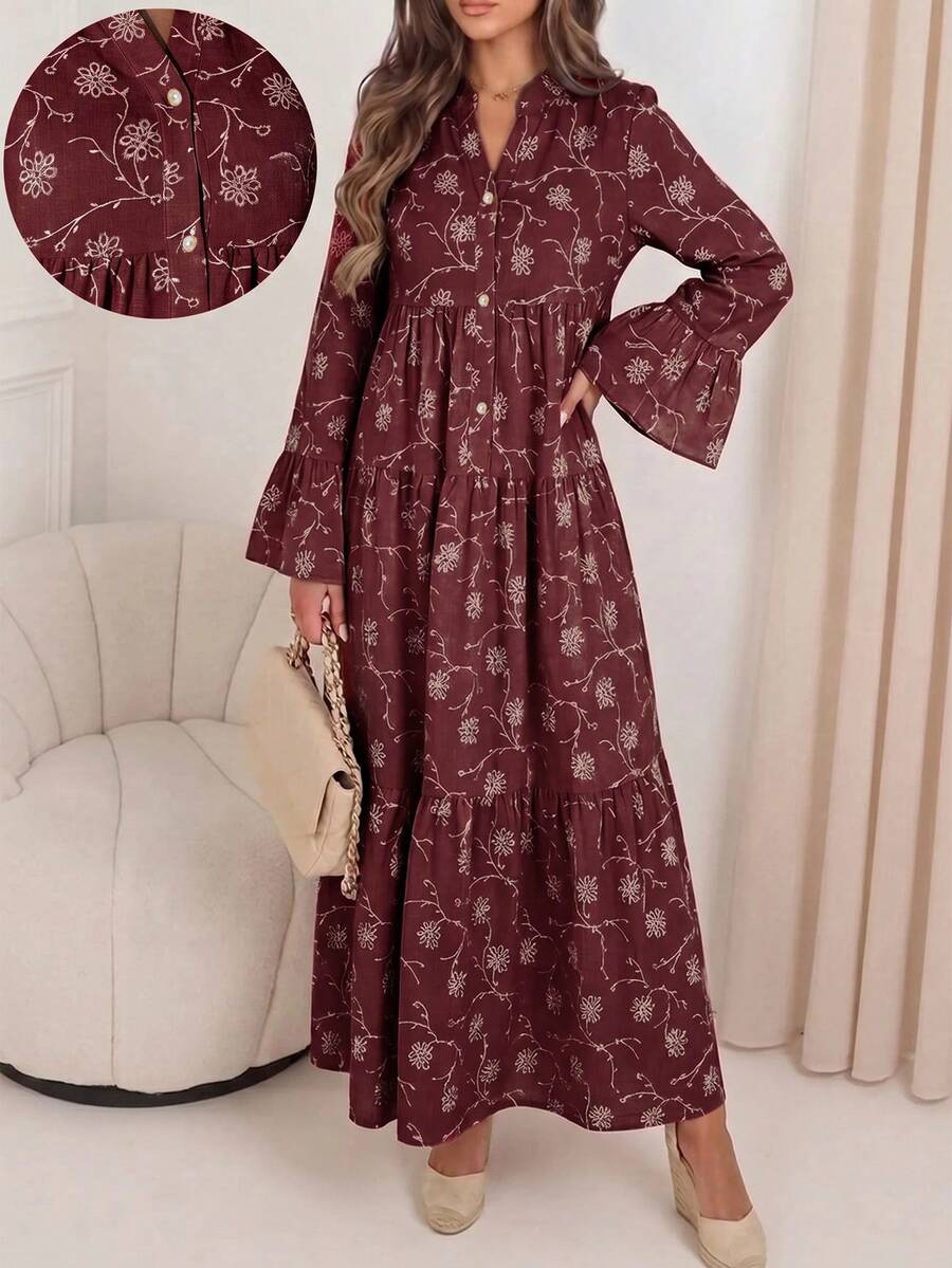 Veilorie 女款時尚刺繡鈕扣百褶度假洋裝 - 酒紅色 - 查看 1