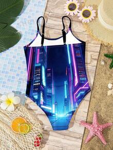 SHEIN Fashionable Anime Girl Print, K-POP Cartoon Girl, Young Girl Casual Minimalist One-Piece Swimwear Suitable For Summer - Multicolor - View 2