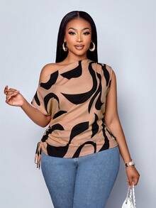 SOLERSUN Women's Plus Size Geometric Printed Asymmetrical Shoulder Drawstring Ruched Side Blouse, Random Print,One Shoulder Top - Khaki - View 6