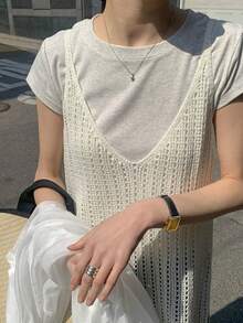 DAZY Women's Solid Color Casual Korean Style Knit Top Summer School - White - View 3