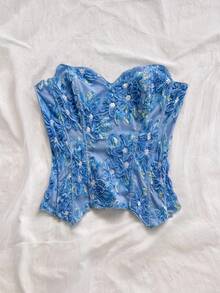 Soleia Women's Plus Size 3D Floral Decor Asymmetric Hem Bandeau Top - Baby Blue - View 4
