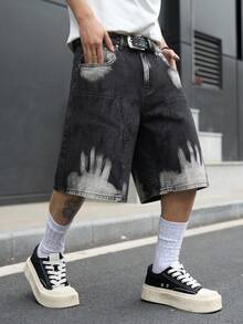 GALLERY FADE Denim Button Zipper Pocket Finger Pattern Shorts - Black - View 5