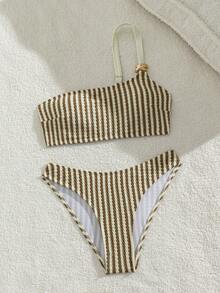 Swim Mod Ladies' Spring/Summer Beach Vacation Music Festival White Knitted Jacquard One Shoulder Metal Jewelry Fashion And Elegant Coastal Sexy Bikini Set - Multicolor - View 3