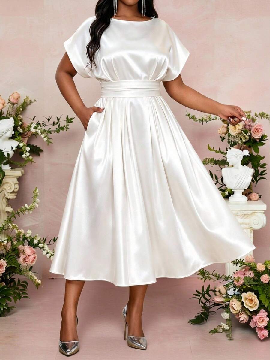 Fleurora Women's High Waist Short Sleeve Plus Size Dress - White - View 1