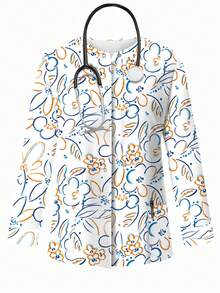 PopScrub Floral Line Texture Print White Scrub Jacket, Spring/Summer Fashion Cardigan With Ear Loop Design Women's Nurse Uniform Top, Uniform Jacket, Suitable For Hospital And Various Clinic Workwear - Multicolor - View 3