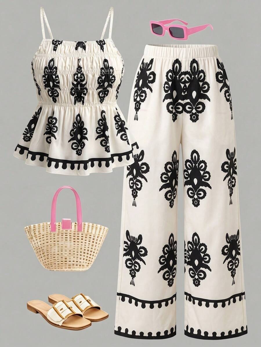 SHEIN Conjunto casual de 2 piezas para niñas adolescentes, top de tirantes finos con cintura fruncida, tela estampada tejida, pantalones de pierna recta y ancha con cintura elástica, verano - Multicolor - Ver 1