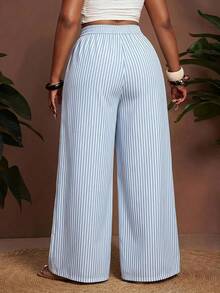 Slaydiva Plus Size Casual Striped Wide Leg Pants For Vacation Fall - Multicolor - View 2
