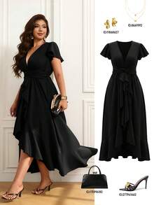 Femmeverse Plus Size Women Elegant Asymmetric Ruched V-Neck Dress - Black - View 1