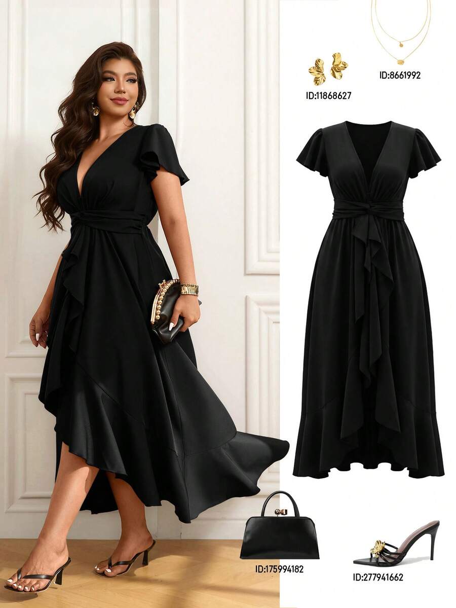 Femmeverse Plus Size Women Elegant Asymmetric Ruched V-Neck Dress - Black - View 1